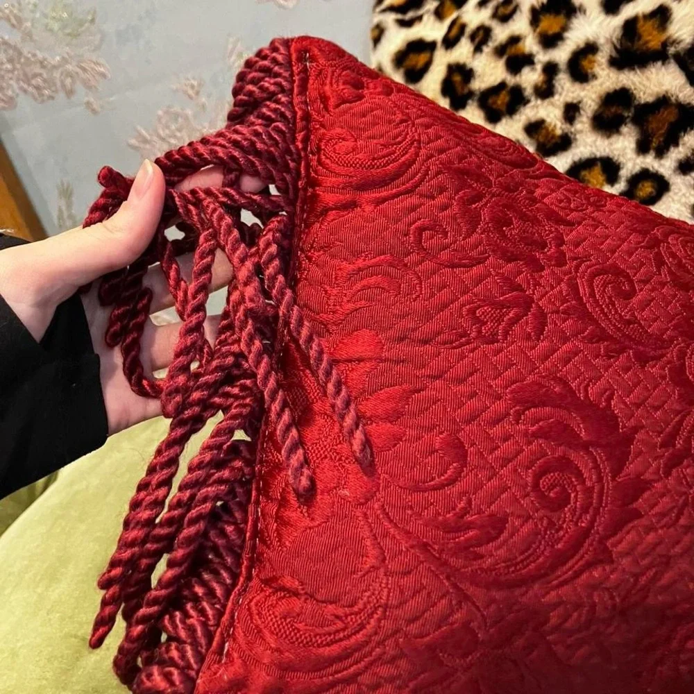 Vintage burgundy Embossed fringe Decorative Throw Pillow with Tassels